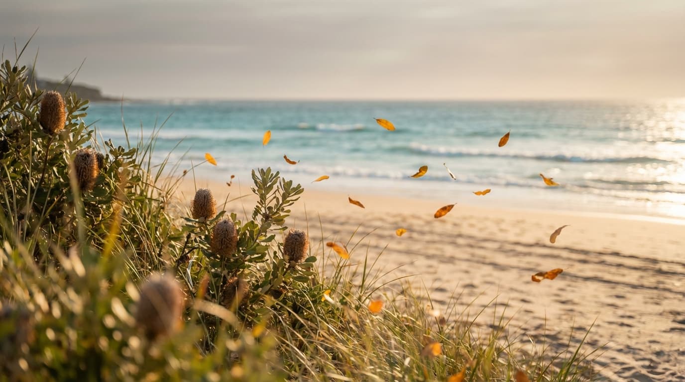 Golden autumn morning at Cronulla beach with amber leaves drifting in the coastal breeze and turquoise ocean in the background