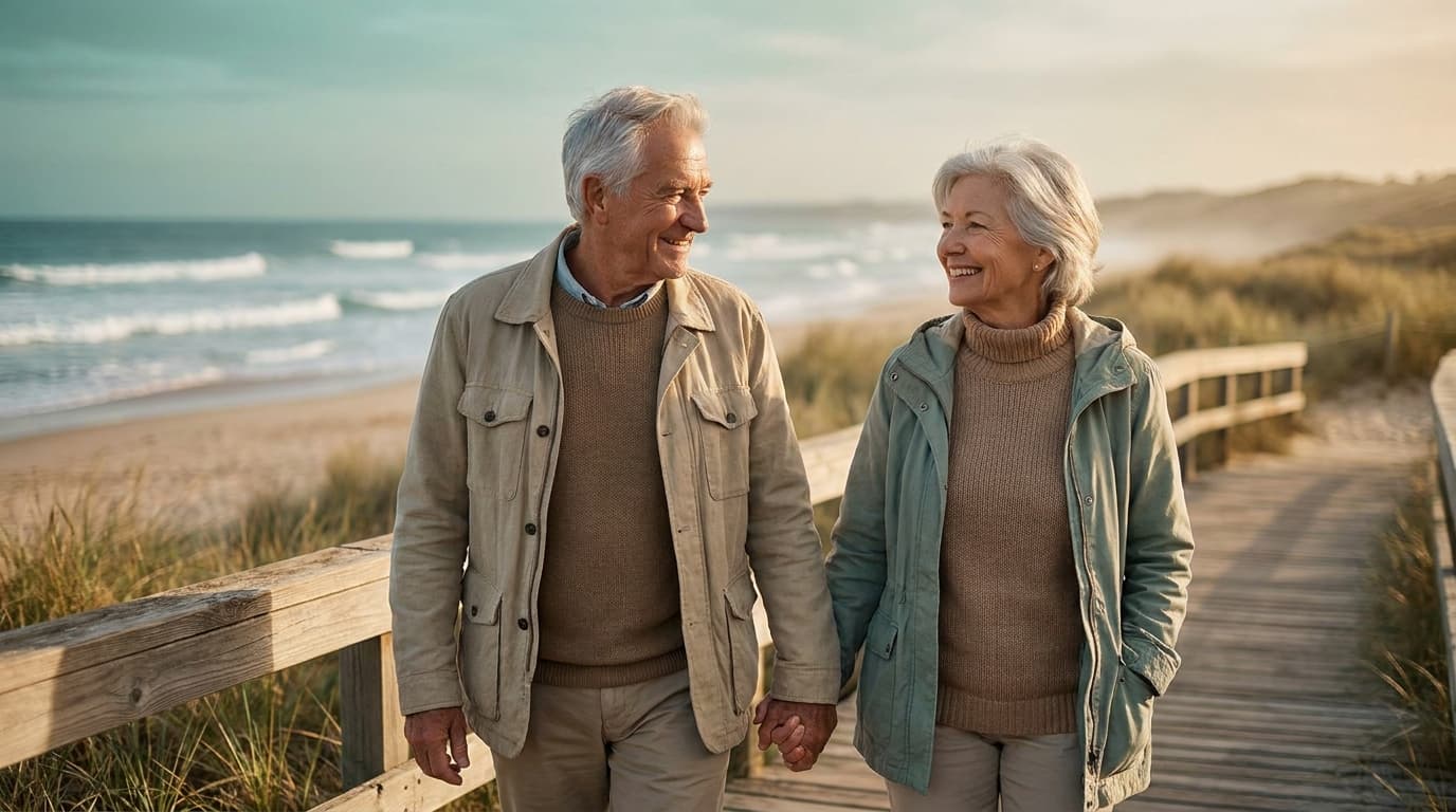 A warm, reassuring scene of an elderly couple walking together along a peaceful coastal boardwalk during golden hour. So