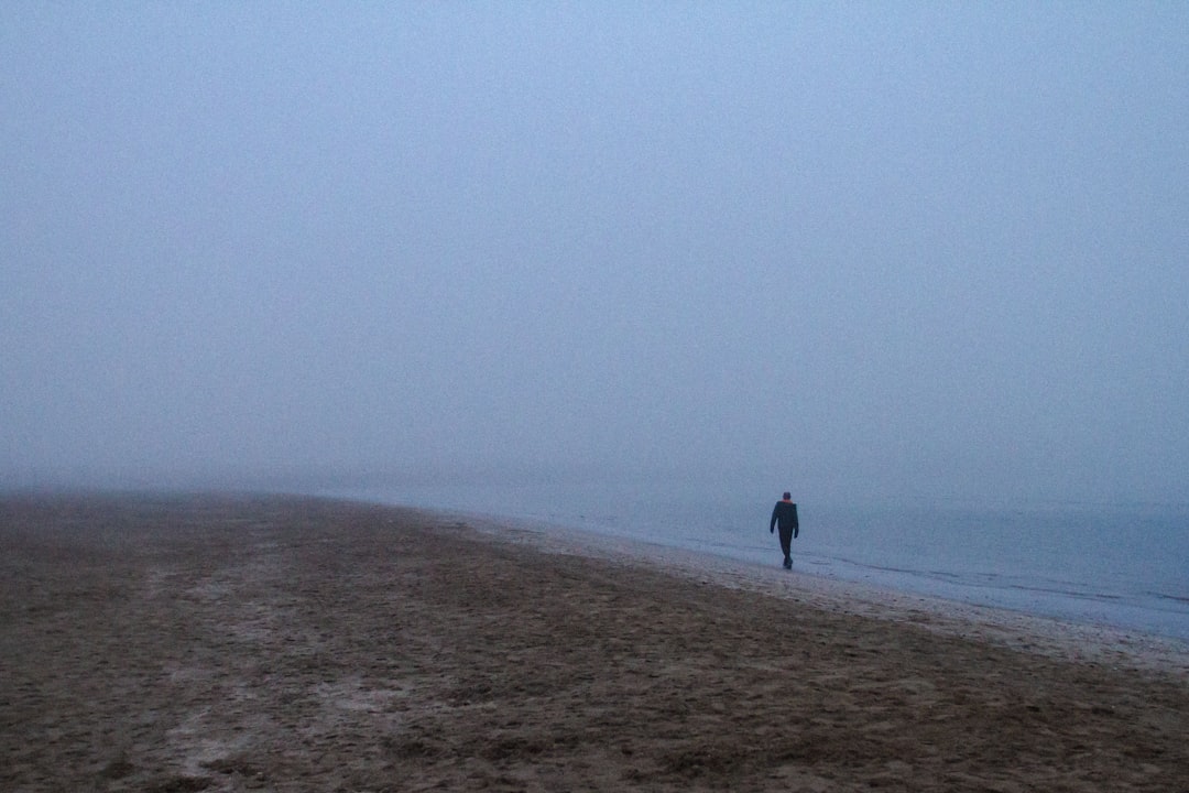 A person walking on a beach in the fog